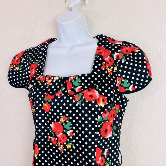 Voodoo Vixen Rockabilly Retro Polka Dot Floral Pin Up Pencil Dress Size L - Picture 3 of 8